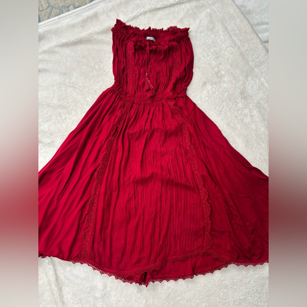 Tiare Hawaii - Cherry Red Pleated Midi Length Sundress - ONE SIZE
